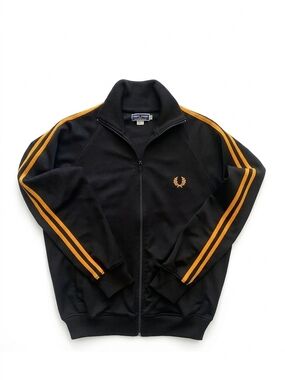 VINTAGE Fred Perry Black Track Jacket - Yellow Striped Taping - Made in Portugal